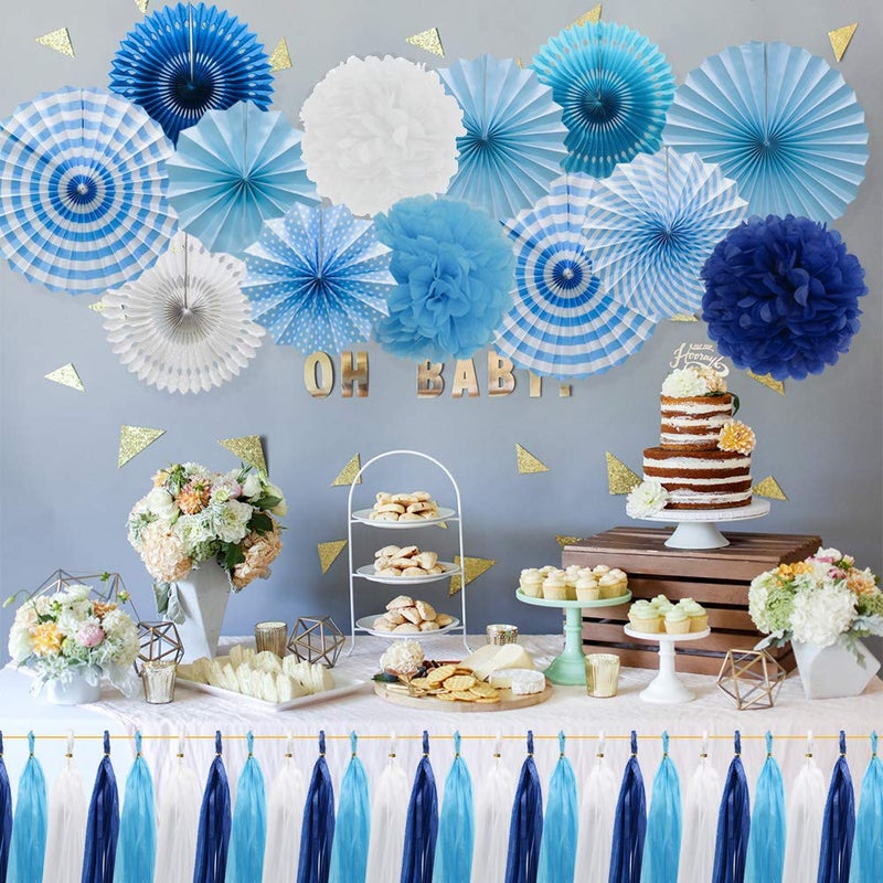Meiduo Blue Party Decorations Hanging Paper Fans Pom Poms Flowers Tissue Tassel Garland for Elephant Shark Theme Kids Birthday Baby Shower Graduation - Image 3